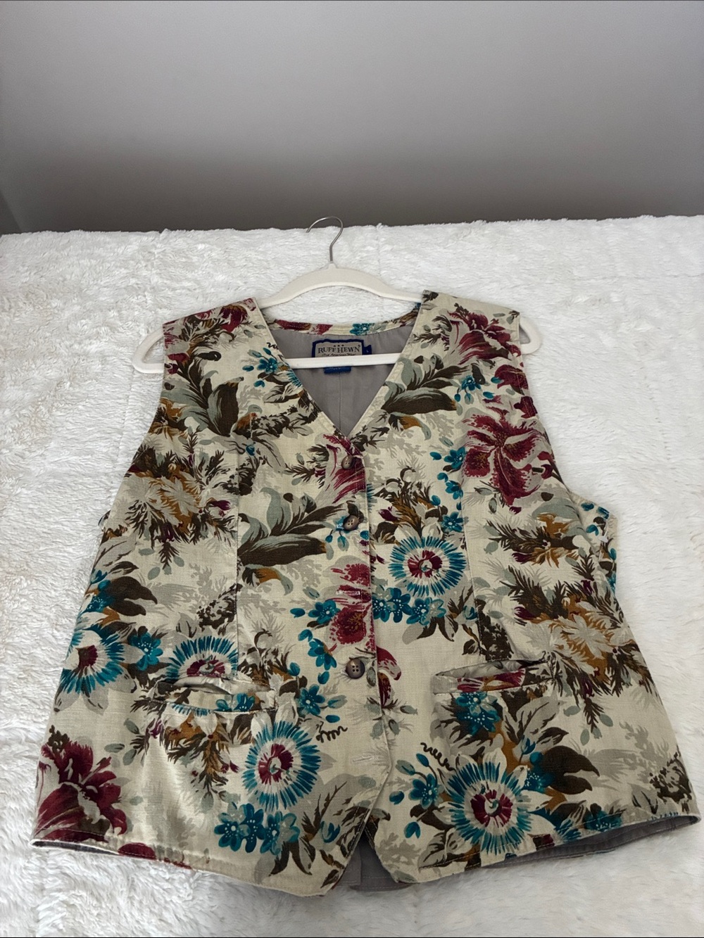 Ruff Hewn Cream Floral Button-Front Vest with Teal & Burgundy Accents